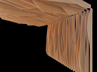 Modern Wooden Ceiling Design with Layered Wave Structure and Architectural Details 3d model