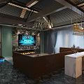 Modern KTV Room Interior With Brown Sofa Fireplace TV Bar Counter And Chandeliers