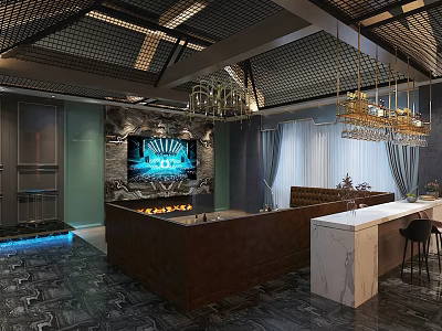 Modern KTV Room Interior With Brown Sofa Fireplace TV Bar Counter And Chandeliers 3d model