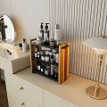 Multi Tiered Storage Shelf For Skincare Cosmetic Products On Modern Vanity With Striped Wall