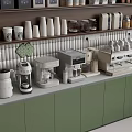Modern Kitchen Appliances Including Coffee Maker Kettle with Green Cabinets and Cups Jars on Shelf 3d model