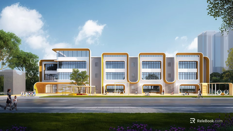 Modern School Building Exterior with Glass Curtain Walls Yellow Accents Green Lawn Trees and Flowers 3d model 