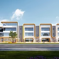 Modern School Building Exterior with Glass Curtain Walls Yellow Accents Green Lawn Trees and Flowers
