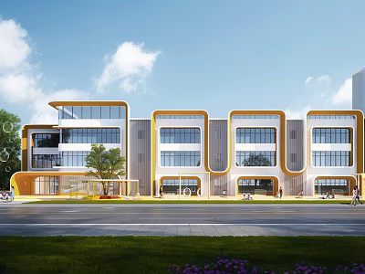 Modern School Building Exterior with Glass Curtain Walls Yellow Accents Green Lawn Trees and Flowers 3d model