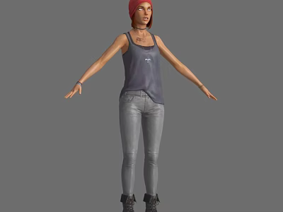 Woman With Red Hair In Sleeveless Tank Top And Gray Jeans Wearing Black Boots 3d model