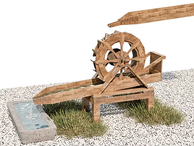 Wooden Water Wheel Garden Ornament With Gravel Grass And Stone Basin 3d model