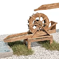 Wooden Water Wheel Garden Ornament With Gravel Grass And Stone Basin