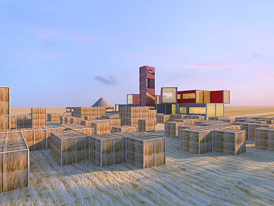Straw Bales Arranged in Field With Modern Architectural Buildings and Tower 3d model