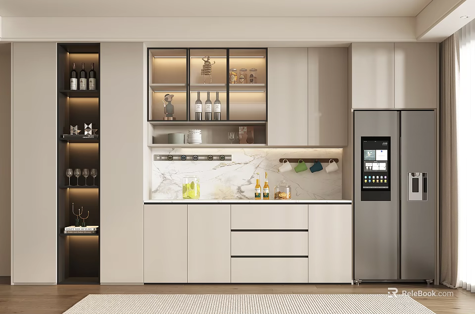 Modern Wine Cabinet With Glass Doors And Wine Bottles Near White Cabinets In Kitchen Area 3d model 