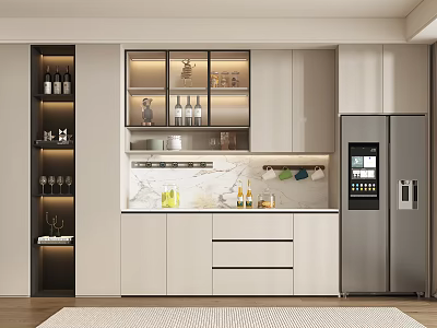 Modern Wine Cabinet With Glass Doors And Wine Bottles Near White Cabinets In Kitchen Area 3d model