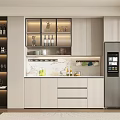 Modern Wine Cabinet With Glass Doors And Wine Bottles Near White Cabinets In Kitchen Area