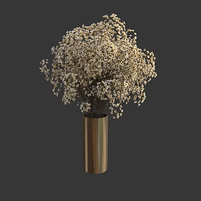 Golden Vase With White Dried Flowers Minimalist Floral Arrangement For Home Decor 3d model