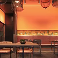 Elegant Restaurant Interior Featuring Hanging Chandeliers Orange Walls Wooden Accents And Warm Lighting