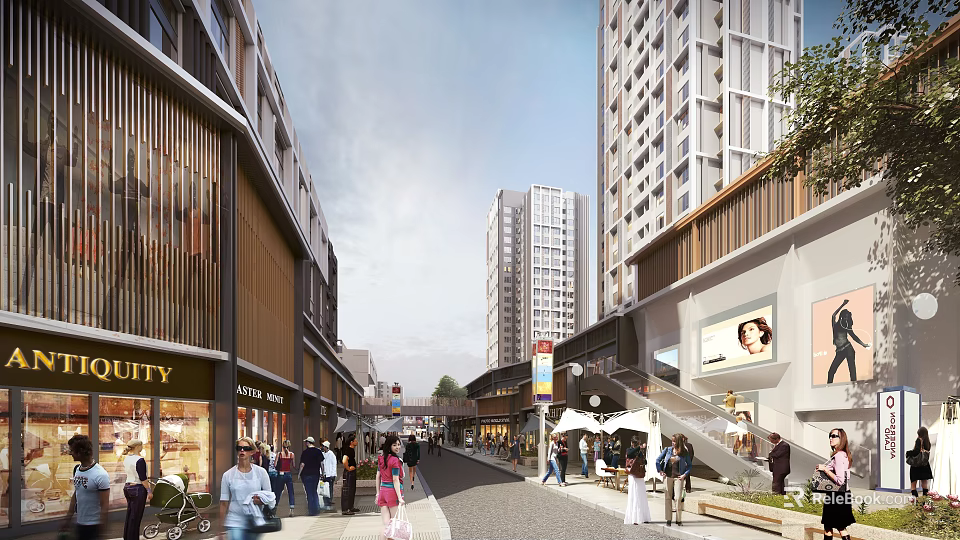 Bustling Commercial Street with Pedestrians Storefronts Tall Modern Buildings and Outdoor Seating 3d model 