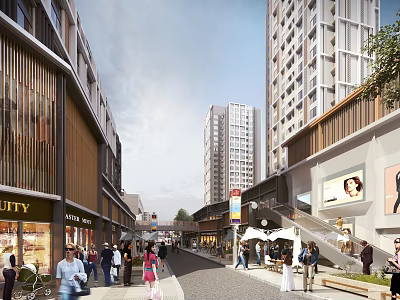 Bustling Commercial Street with Pedestrians Storefronts Tall Modern Buildings and Outdoor Seating 3d model