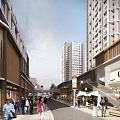 Bustling Commercial Street with Pedestrians Storefronts Tall Modern Buildings and Outdoor Seating