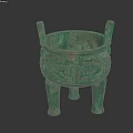 Green Bronze Landscape Sculpture With Three Legs And Intricate Traditional Patterns
