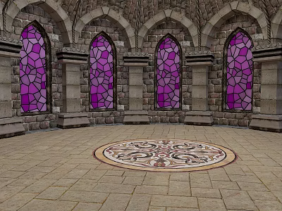 Arched Stone Hall With Purple Stained Glass Windows And Intricate Mosaic Floor 3d model