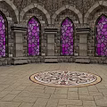 Arched Stone Hall With Purple Stained Glass Windows And Intricate Mosaic Floor