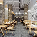 Modern Restaurant Interior With Wooden Tables Chairs Brick Walls Pendant Lights And TV Screens