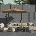 Outdoor Sofa Set With Patio Umbrella Stone Wall Slate Floor And Coffee Table