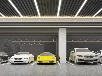 Modern Parking Garage Interior With Parked Yellow Sports Car White Black Vehicles 3d model