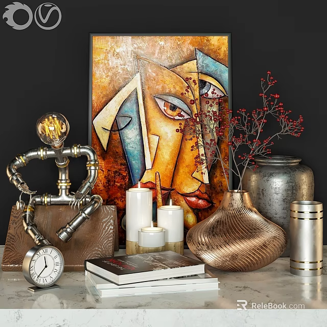 Modern Decorative Ornament Set With Metal Robot Sculpture Abstract Painting Copper Vase Candles And Books 3d model 