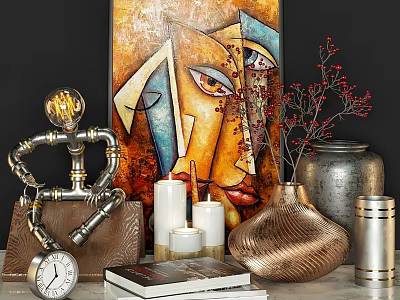 Modern Decorative Ornament Set With Metal Robot Sculpture Abstract Painting Copper Vase Candles And Books 3d model