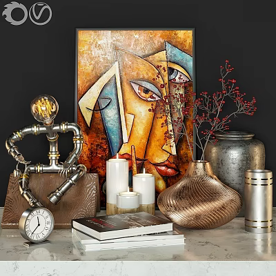 Modern Decorative Ornament Set With Metal Robot Sculpture Abstract Painting Copper Vase Candles And Books 3d model