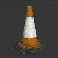 Orange and White Striped Traffic Cone With Hexagonal Base On Dark Background
