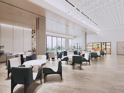 Modern Hotel Lobby Interior With Spacious Design Marble Floor Green Chairs And Hanging Lights 3d model