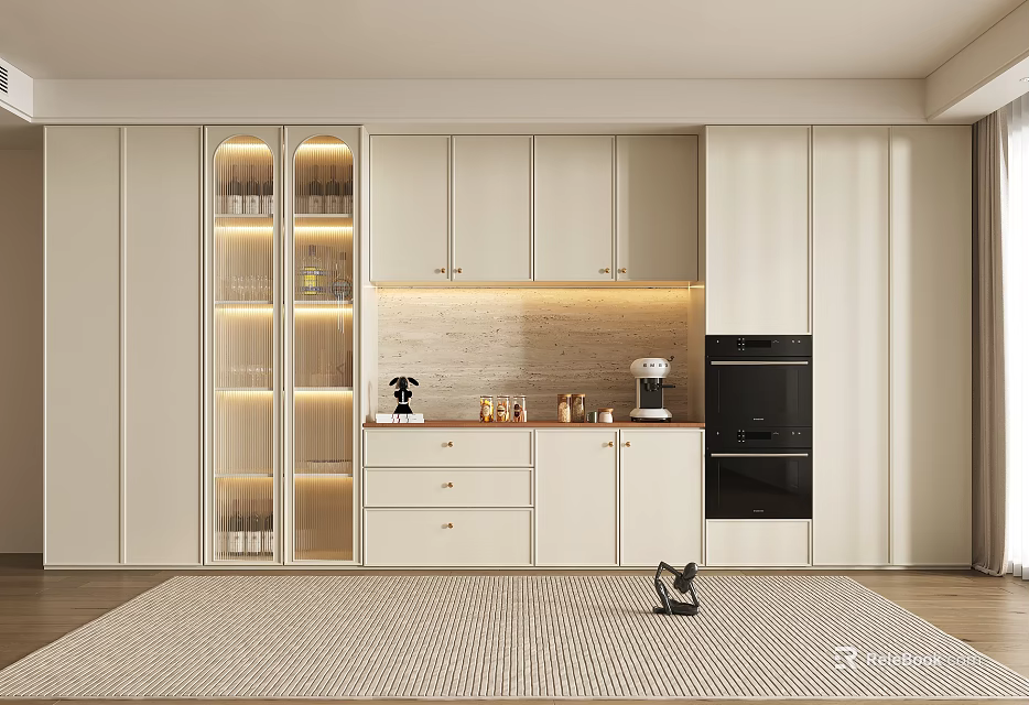 Modern Kitchen Wine Cabinet With Glass Door LED Lighting And Integrated Appliances 3d model 