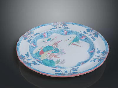Elegant Decorative Plate With Blue White Pink Floral Bird Design For Tableware 3d model