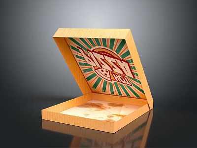 Open Wooden Box with Tasty Pizza Green and Red Radial Pattern and Pizza Residue Inside 3d model