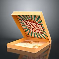 Open Wooden Box with Tasty Pizza Green and Red Radial Pattern and Pizza Residue Inside