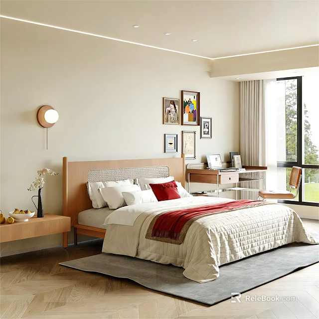Serene Bedroom Interior With Woven Headboard Decorative Paintings Round Wall Lamp And Large Window 3d model 