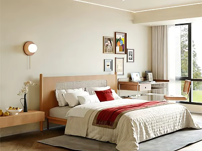 Serene Bedroom Interior With Woven Headboard Decorative Paintings Round Wall Lamp And Large Window 3d model