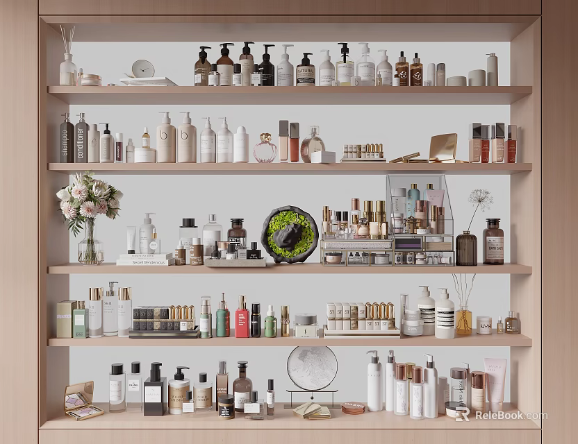 Elegant Perfumes And Cosmetics Display On Multi Layer Shelf With Various Bottles 3d model 