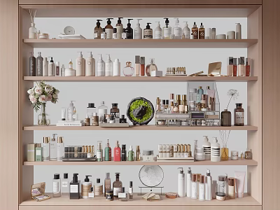 Elegant Perfumes And Cosmetics Display On Multi Layer Shelf With Various Bottles 3d model