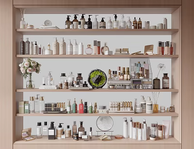 Elegant Perfumes And Cosmetics Display On Multi Layer Shelf With Various Bottles 3d model