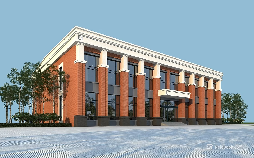 Red Brick Office Building With White Trim Columns Large Windows Entrance And Trees 3d model 