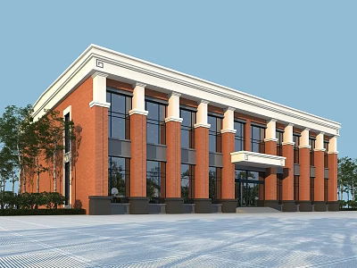 Red Brick Office Building With White Trim Columns Large Windows Entrance And Trees 3d model