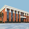 Red Brick Office Building With White Trim Columns Large Windows Entrance And Trees