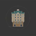 Cartoon Style Building With Orange Walls Green Roof Arched Doors And Small Lawns