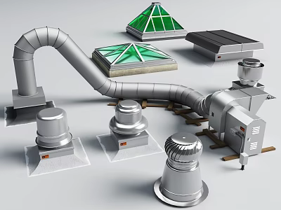 Industrial Ventilation Equipment System With Metal Ducts Roof Vents And Exhaust Fans 3d model