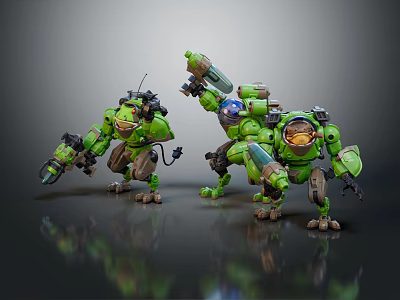 Intelligent Green Futuristic Mechanical Robot Machines In Action Poses 3d model