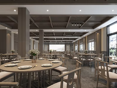 Banquet Hall Modern Interior With Round Tables Comfortable Chairs Pendant Lights Large Windows And Fresh Decorations 3d model