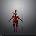 Warrior Figure in Red Armor with Flame Decorated Helmet Holding Long Sword with Red Blade