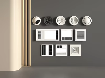 Various Air Conditioner Vents With Different Designs On Gray Wall Background 3d model