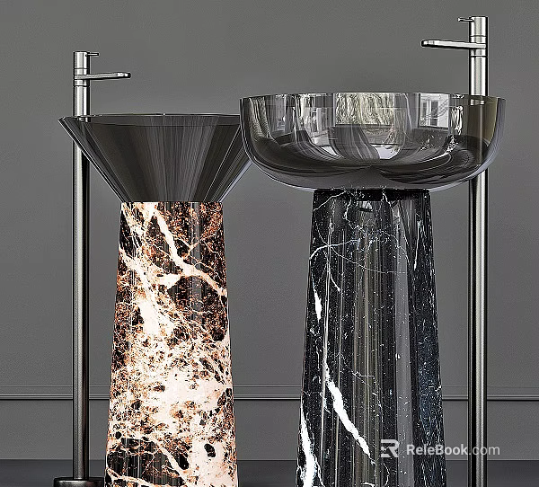 Two Modern Pedestal Washbasins With Unique Marble Bases And Chrome Faucets 3d model 